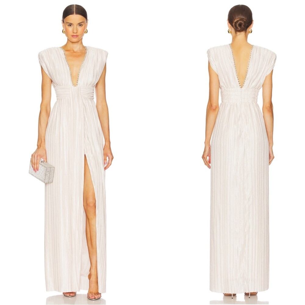SABINA MUSAYEV Leone Crystal Embellished Pleated Metallic Maxi Dress Sz Medium